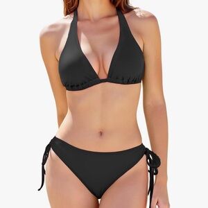 NWT Sexy Black Bikini V Neck Halter TopTriangle Bottoms Side Ties Swimsuit XL